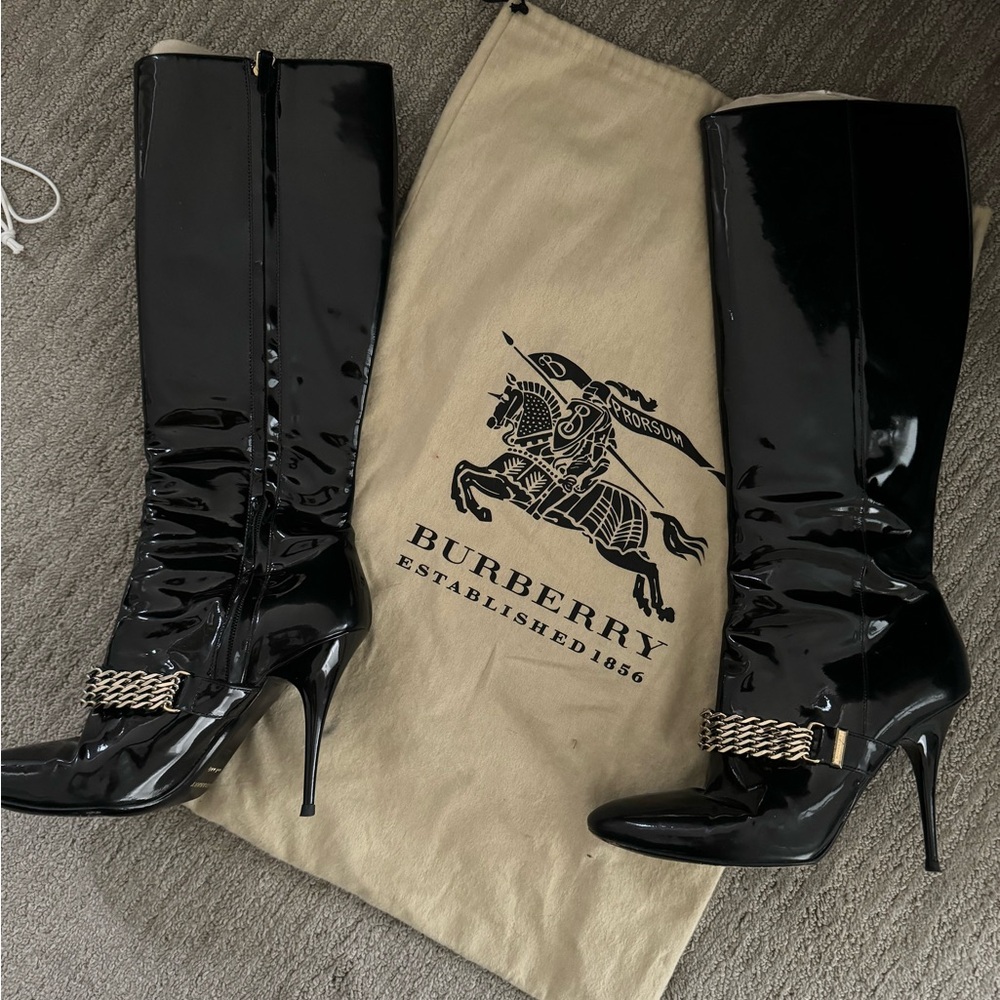 Burberry patent leather boots.